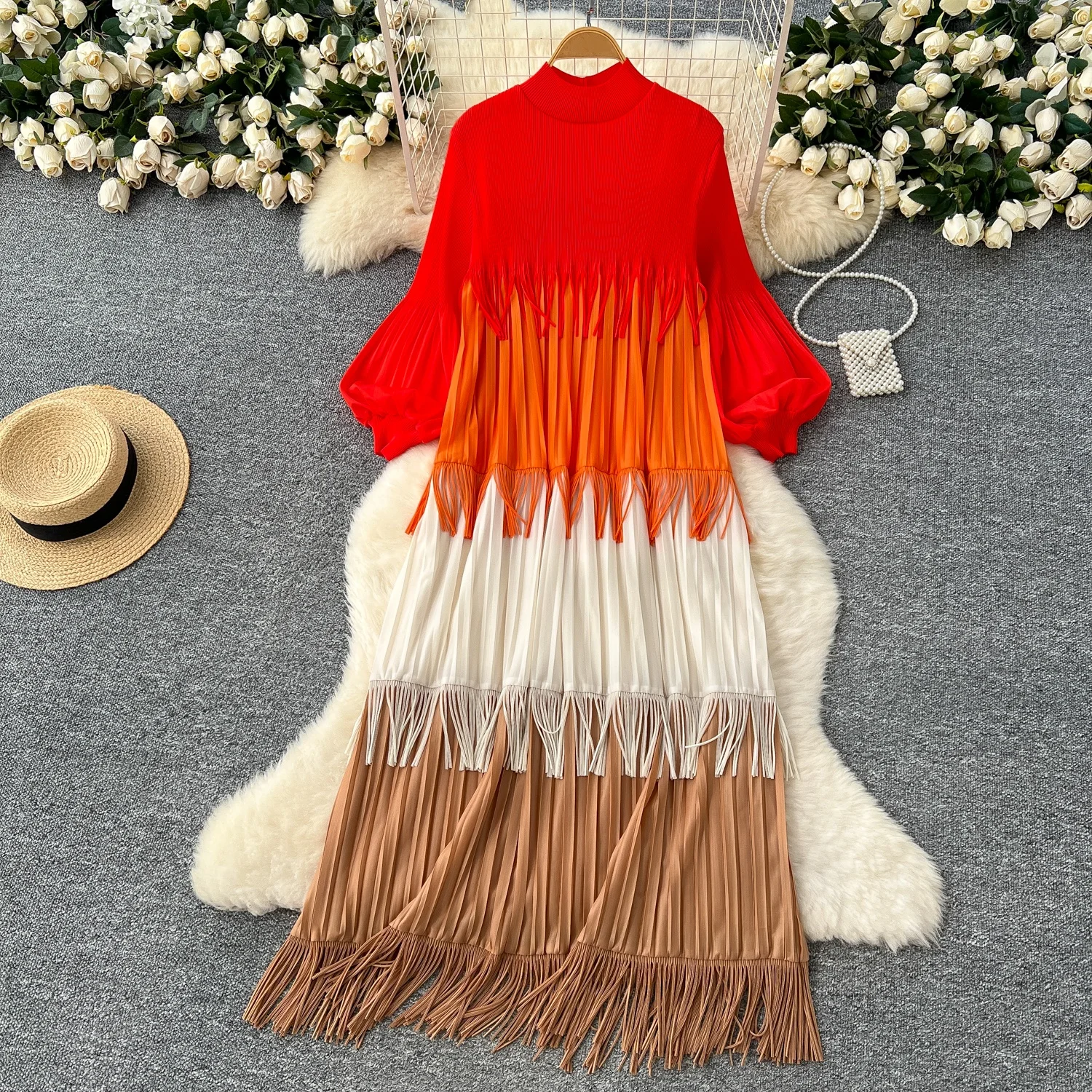 

Clothland Women Vintage Striped Tassel Dress High Elastic Lantern Sleeve Stretchy Loose Fit One Piece Maxi Dresses Vestido QD940