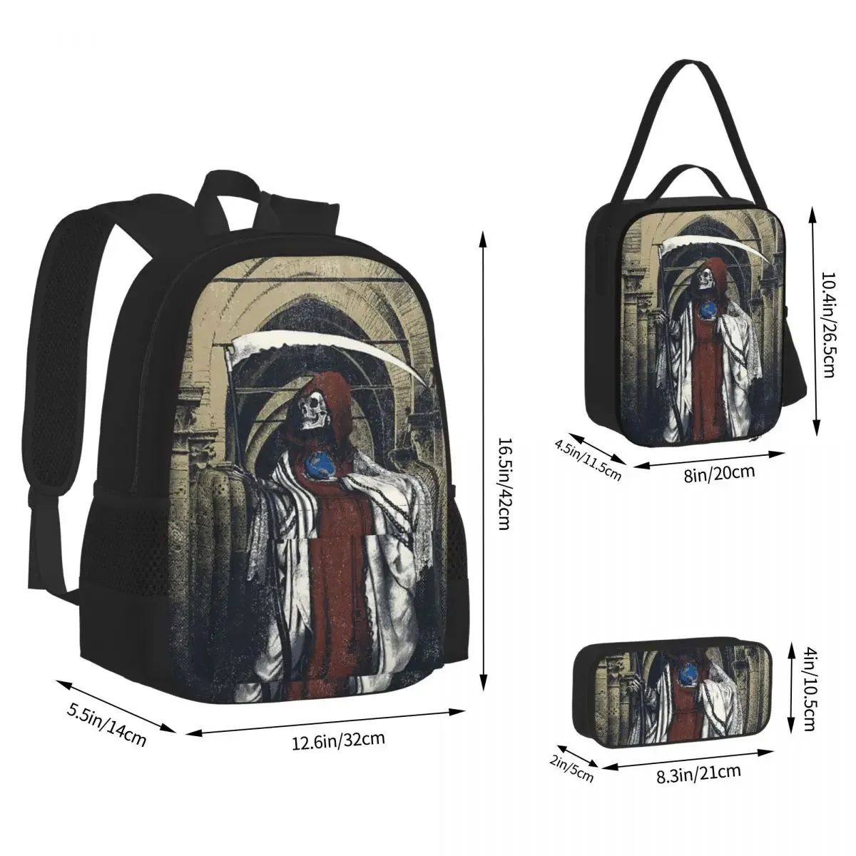 Santa Muerte Saint Death Backpacks Boys Girls Bookbag Students School Bags Cartoon Rucksack Lunch Bag Pen Bag Three-Piece Set