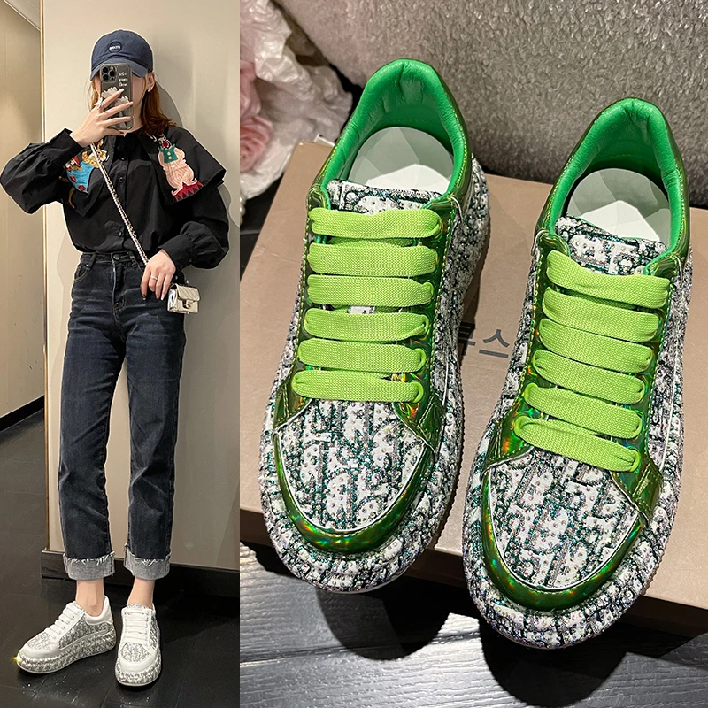 New Spring Women Sneakers Fashion Rhinestones Thick Sole Sports Shoes for Youth Shoes Crystal Silver Platform Sneakers Lace-up