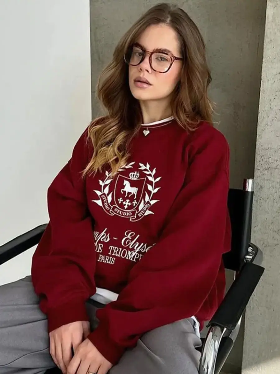Y2K collège dame rétro Badge vin rouge sweats col rond ample automne pull à la mode tempérament femmes Preppy-style haut rétro