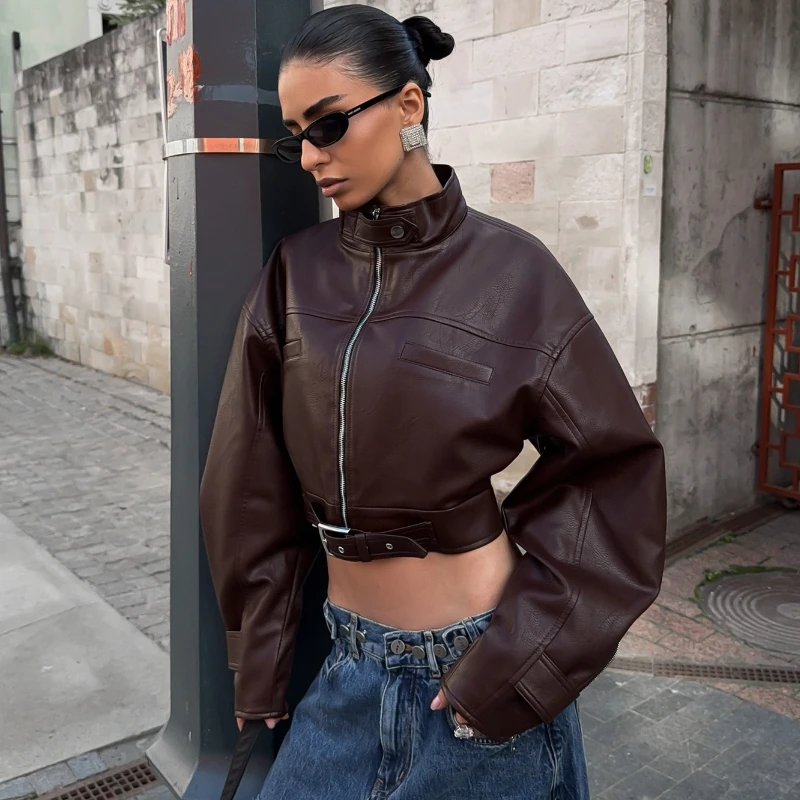 TARUXY, chaqueta holgada de cuero PU con cuello levantado, moda para mujer, hebilla de Metal, bolsillo con cremallera, empalme, abrigo corto de calle para Otoño e Invierno