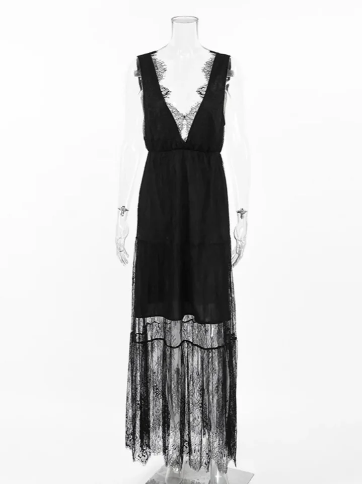Casual Sexy Lace Patchwork Long Maxi Tank Dresses for Women Deep V-neck Sleeveless Backless See-through Party Dress Black White - AliExpress 200000345 Casual Sexy Lace Patchwork Long Maxi Tank Dresses for Women Deep V-neck Sleeveless Backless See-through Party Dress Black White - AliExpress 200000345