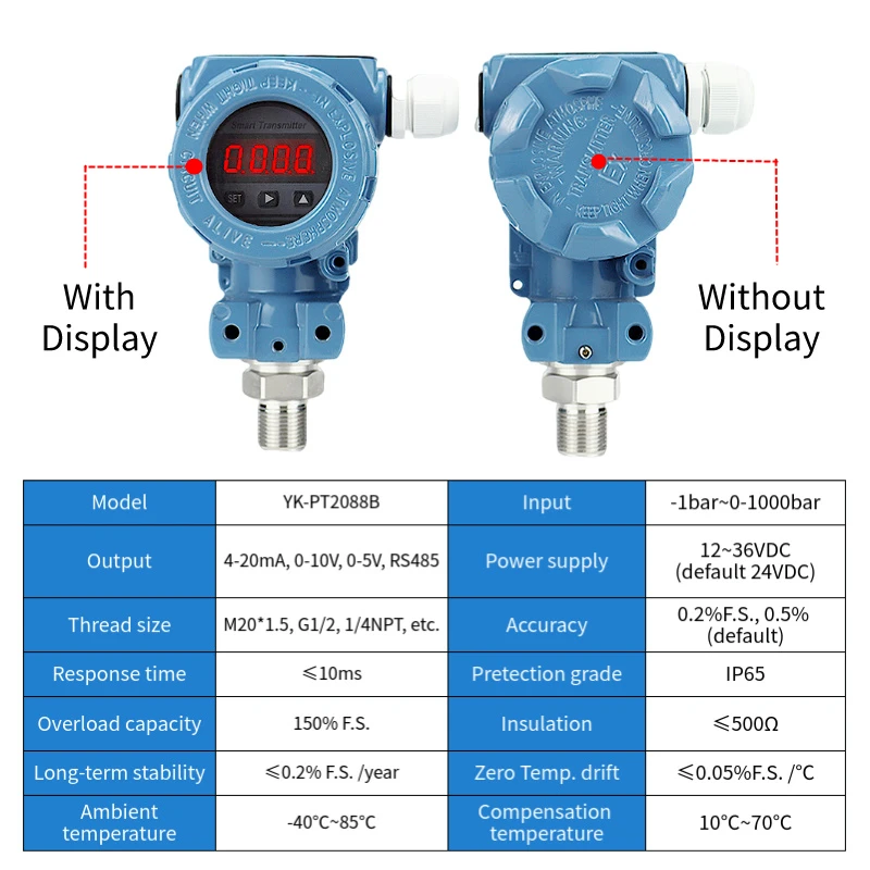 Sensor de presión piezoeléctrico inteligente para tanque de combustible diésel, transmisor de presión absoluta de 4-20Ma, 0-100MPa, a prueba de explosiones