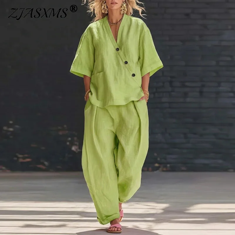 

New 2026 Spring Solid Casual Woman Outfits Sexy V Neck Button Top T-shirt & Wide Leg Pocket Trousers Suit Half Sleeve Loose Sets