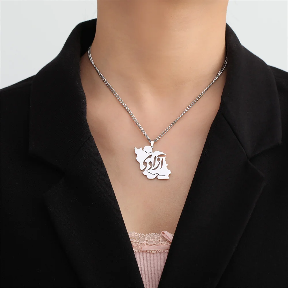 Iran Map Pendant Necklaces Women Men Persian Calligraphy Peace Dove Olive Branch Stainless Steel Chain Iranian Country Jewelry