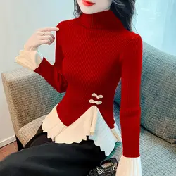 Women Autumn Winter Fashion Irregular Slim Patchwork Mock Neck Long Sleeve Knitwear Ladies Temperament All-match Knitting Tops