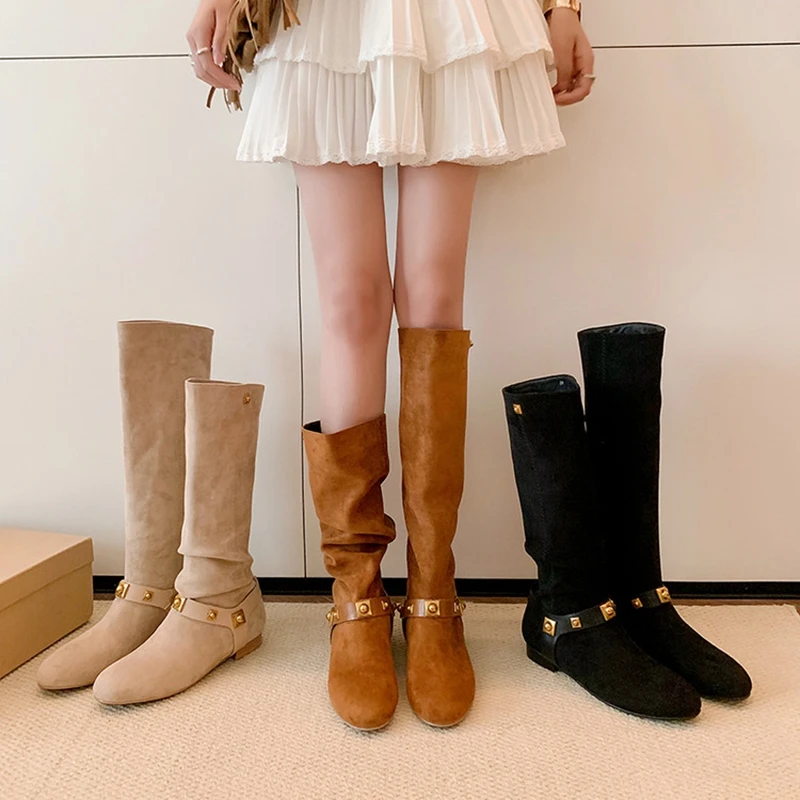 

Women's new autumn and winter round toe suede low heel metal rivet belt buckle and knee high boots long boots fashion boots