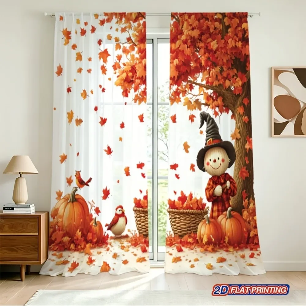 Autumn Fall Festival Window Curtains Seasonal Decor Pumpkin Scarecrow Autumn Leaves Curtain Panels for Home