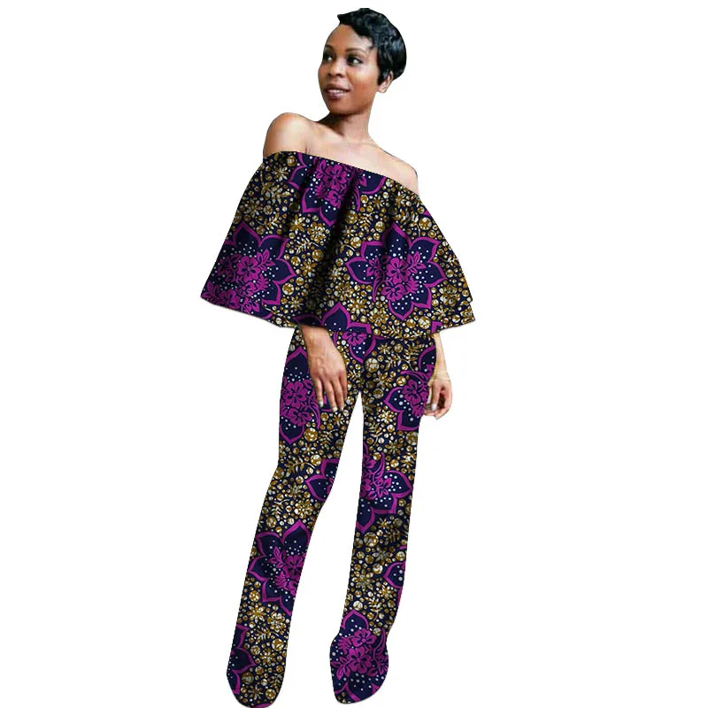 African Print Couture Women's Ankara Outfit Vintage Style Naked Shoulder Blouse With Pant Summer Tops Set Tailored