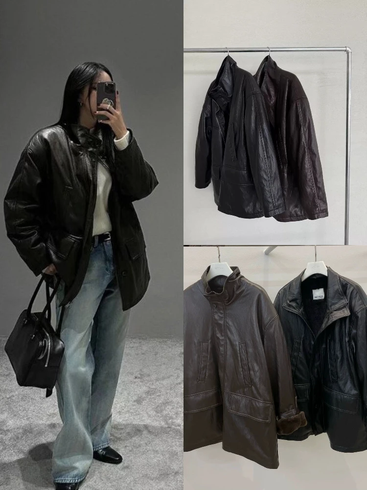 

Sle Loose Leather Jaet Women's Collar Zipper Workwear kets Cool Casual Jaet Long Sve Mid-Length