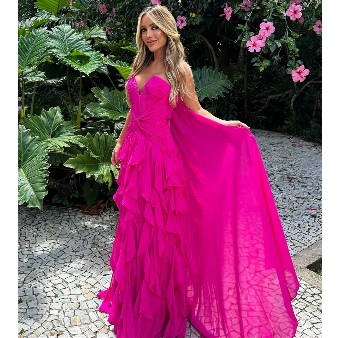 

Fuchsia Ruffles Evening Dresses Tiered Pleat vestidos de noche Removable Wrap Prom Dress Strapless Party Gowns Customized