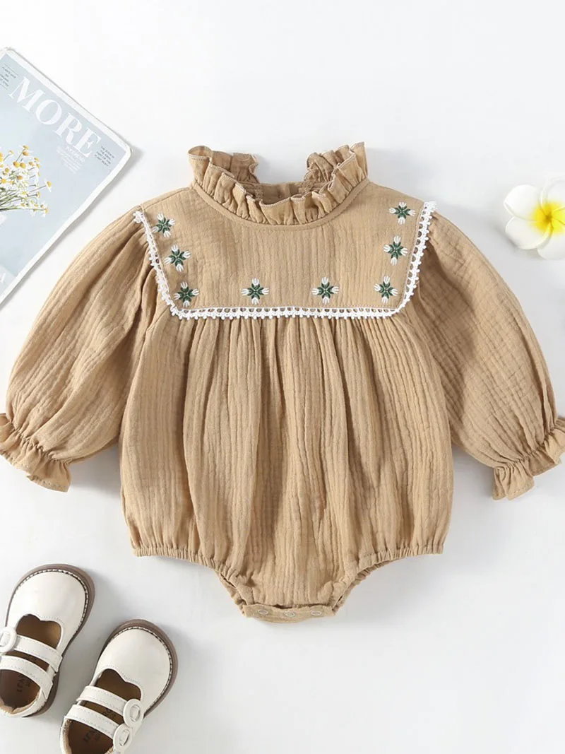 MILANCEL New Autumn Baby Clothes Ruffled Collar Bodysuit for Infant Girl\'s Small Floral Embroidery Puff Sleeve One Piece 0-2 Y