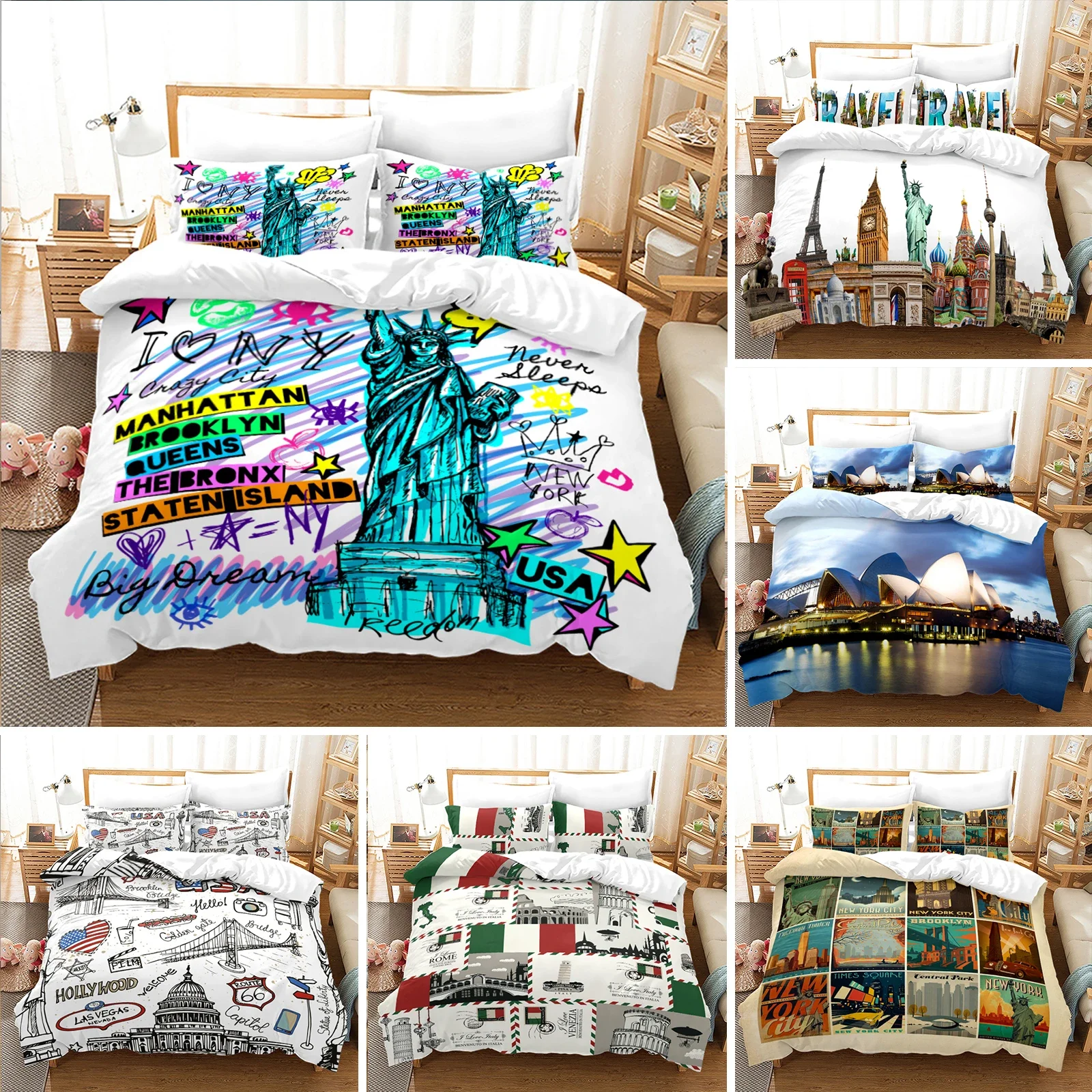 

Statue of Liberty Duvet Cover King Queen Attractions In New York Quilt Cover Adults European Famous Buildings Polyester Bedding