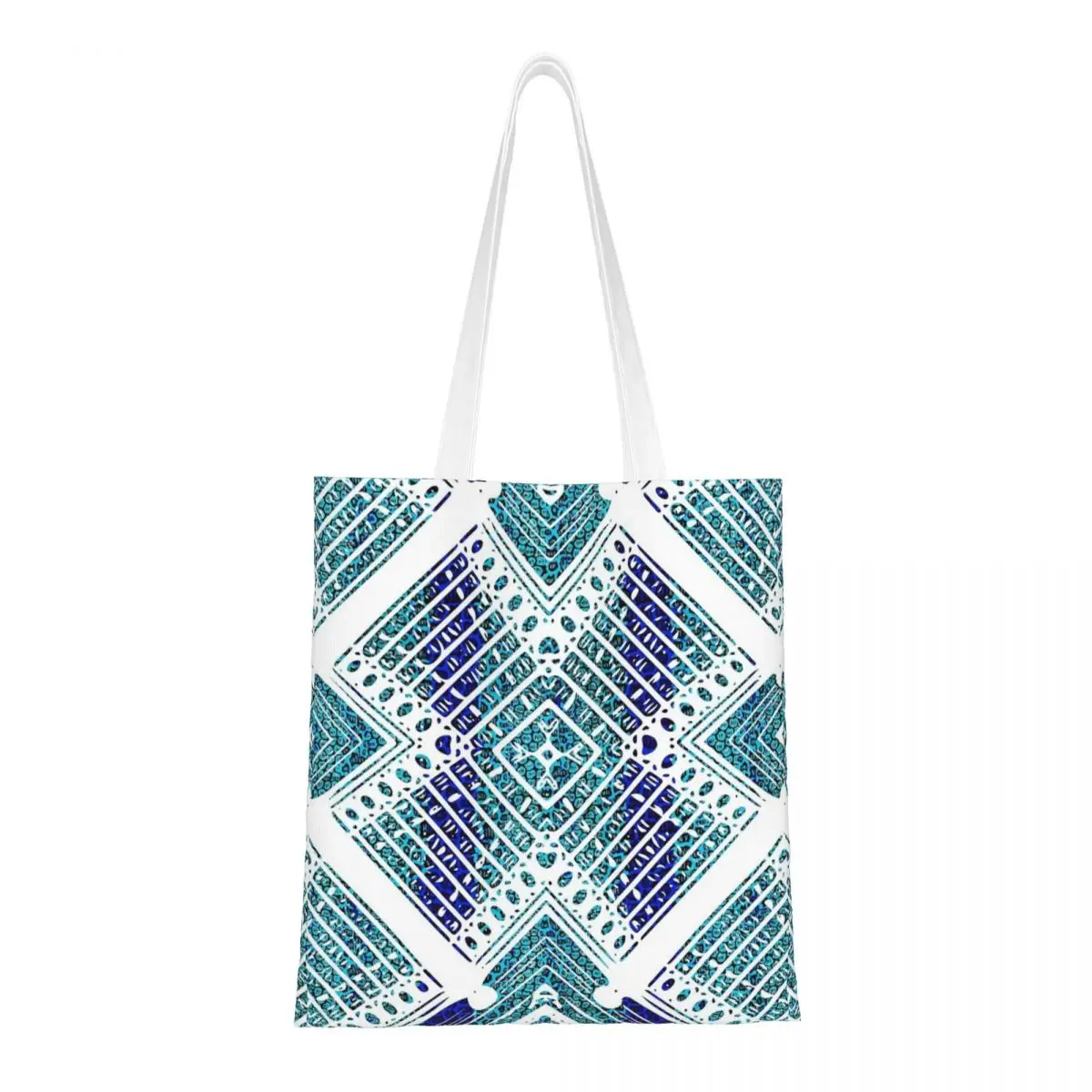 

Geometric Ankara Canvas Tote Handbag Teal and Blue Ankara African Shoulder Bags Reusable Shopper Bags for Unisex