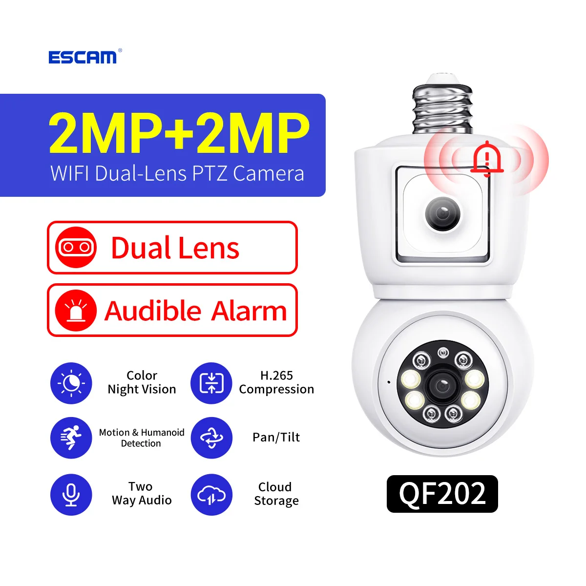 

ESCAM QF202 4MP iCsee APP Dual Lens Full Color Wireless PTZ IP Dome AI Humanoid Home Security Intercom Baby Monitor