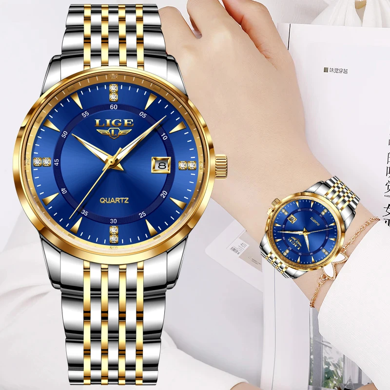 LIGE New Gold Watch Women Watches Ladies Creative Steel Women\'s Bracelet Watches Fashion Waterproof Chronograph Relogio Feminino