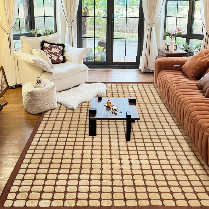 French Retro Living Room Decoration Carpet Large Area Lounge Checkerboard Rug Cream Style Rugs for Bedroom Fluffy Soft Plush Mat