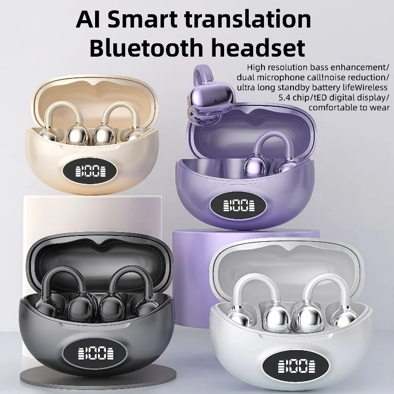 W19 AI ترجمة سماعات لاسلكية بلوتوث 5.3 مرحبا الدقة الترا مفتوحة سماعات الأذن أقراط 4-Mic ENC كليب على مشبك أذن براعم سماعة الرأس #4
