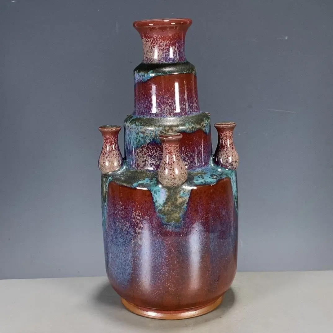Imitation Chinese antique decorative ceramic ornament, Jun porcelain kiln-transformed multi-tube vase