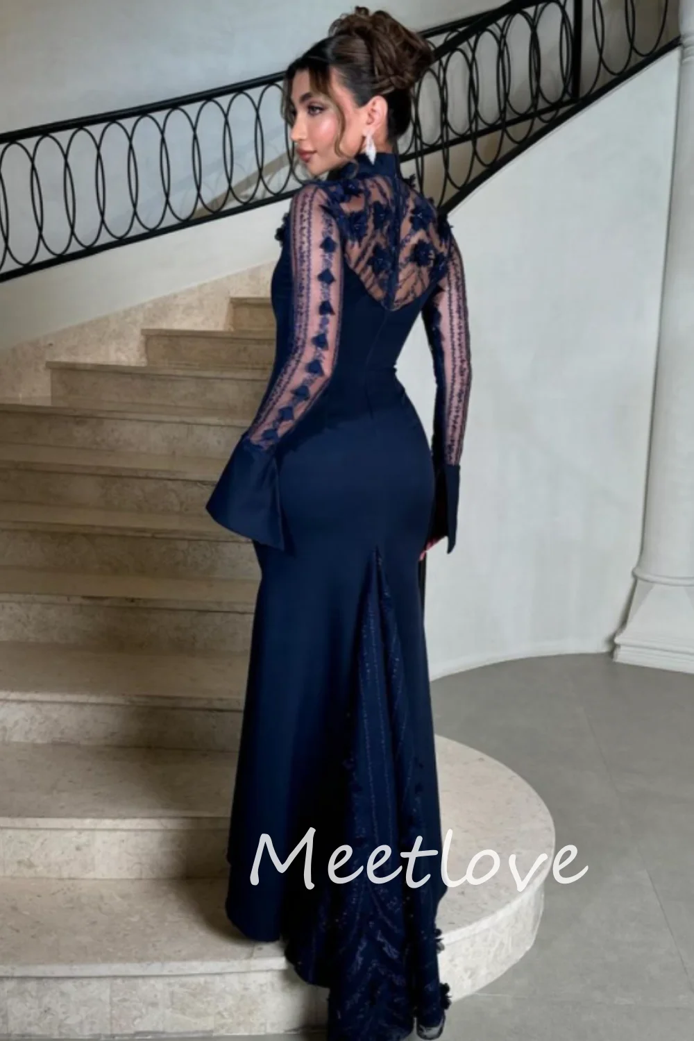 ชุดราตรีออกงาน Meetlove 2024 แบบสั่งตัดพิเศษสำหรับผู้หญิงซาอุดิอาระเบีย ทรงเมอร์เมด คอสูง แขนยาวลูกไม้ ชุดราตรีออกงานอย่างเป็นทางการ