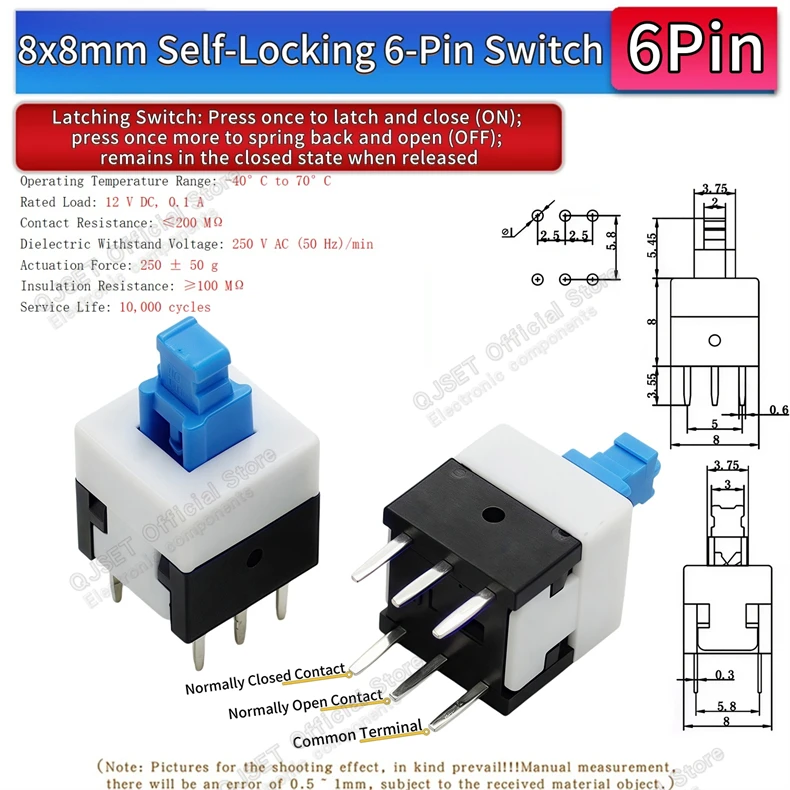 10 Stück 5,8x5,8 7x7 8x8 8,5x8,5mm Selbstverriegelnde/Nicht-verriegelnde Reset-/Multimeter-Taster, Taktiler Mikroschalter, 3/6-Pin Drucktastenschalter – Detail 20