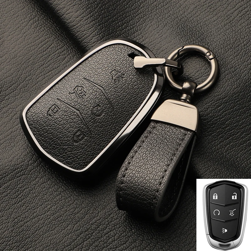 Leather Car Key Case Cover For Cadillac ATS CT6 CTS DTS XT5 Escalade ESV SRX STS XTS ELR 2014 - 2018 Remote Key Holder Keychain