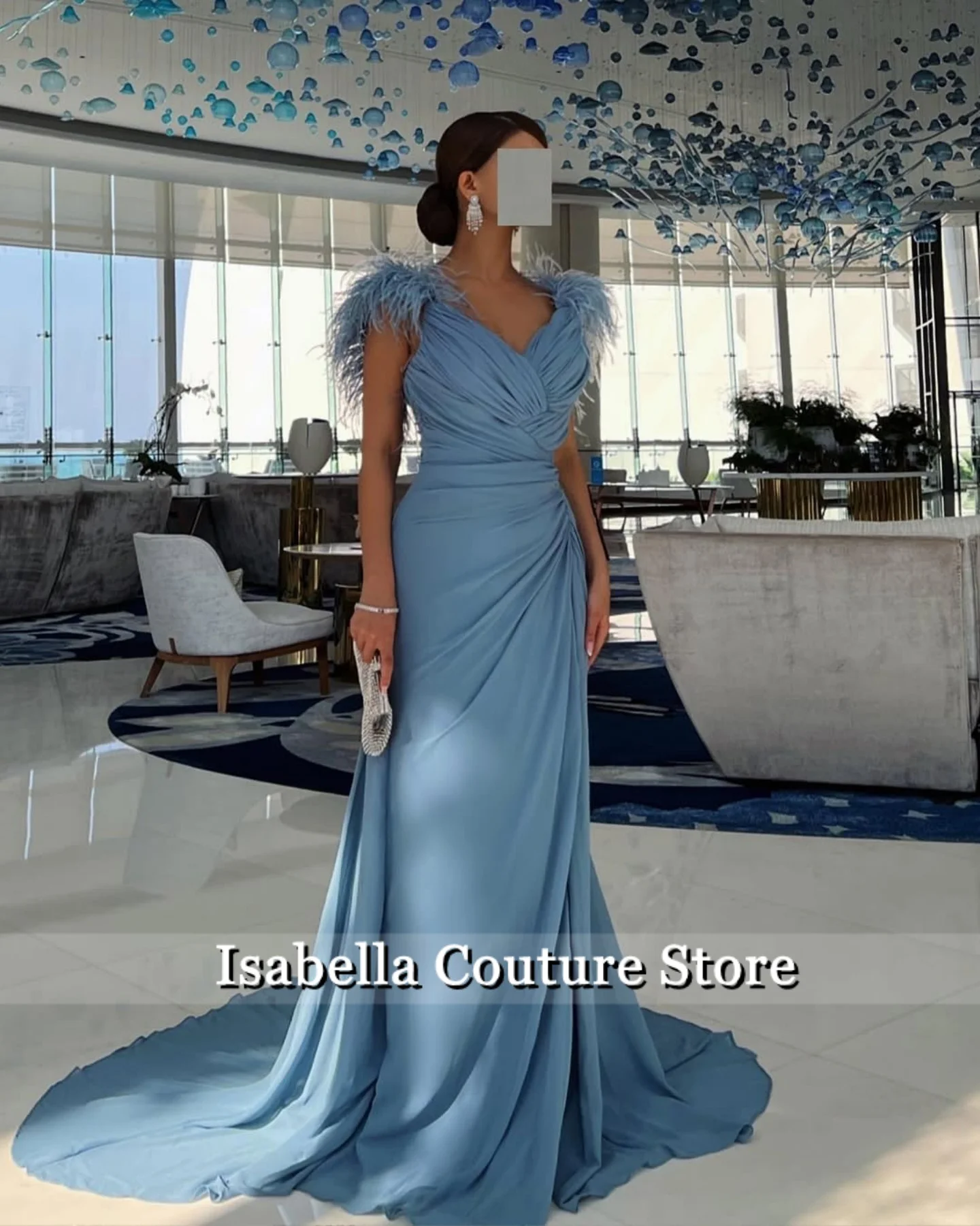 

Новое элегантное вечернее платье с синими перьями и бретелькой на шее в Дубае, свадебное платье 2025, платье для выпускного вечера فساتين سهرة для особых случаев по индивидуальному заказу