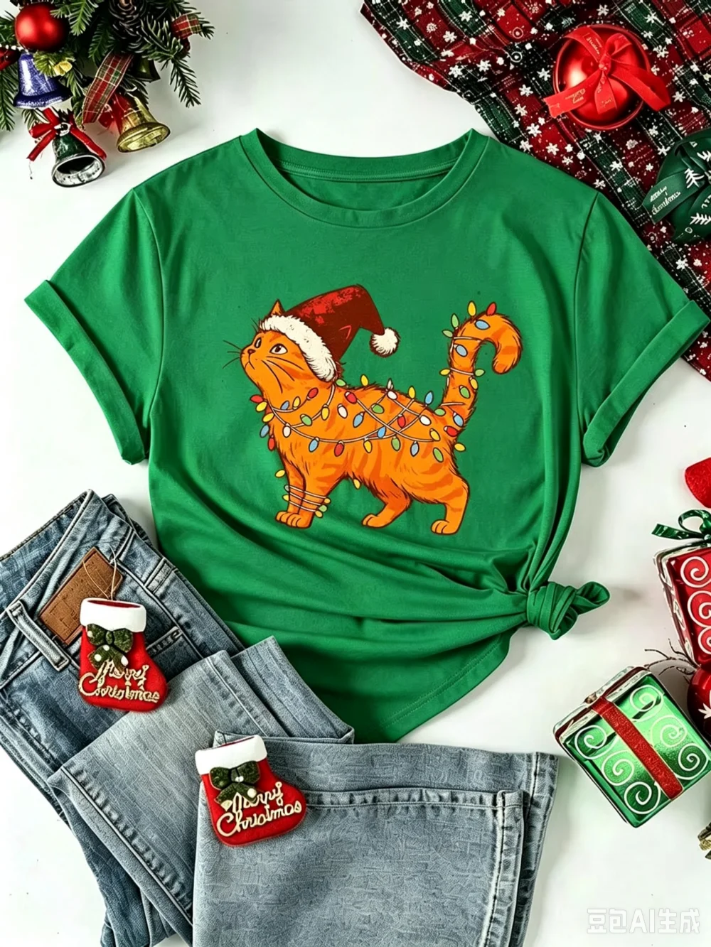 Christmas Cat Graphic T‑Shirt Orange Cat with Santa Hat Xmas T-Shirt Short Sleeve Tee Holiday Tops Gifts Family Matching Outfits