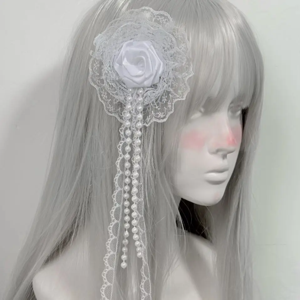 Elegancka opaska do włosów dla kobiet w stylu Y2K, czarno-biała, z koronką, koralikami i różą, vintage klips do włosów z perłami i kwiatami na wesele, studniówkę.