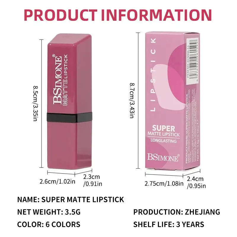 【WHB】BSIMONE 3,5g taza antiadherente de nicho hidratante multicolor no es fácil de decolorar lápiz labial de Color duradero brillo de labios mate
