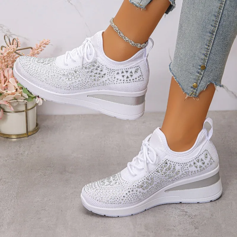

Women's Sneakers Shiny Rhinestone Wedge Breathable Knit Non Slip Walking Shoes Woman Plus Size Fashion Thick Sole White Sneaker