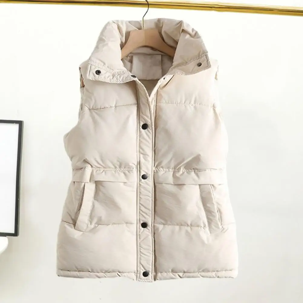 

Solid Color Outdoor Down Waistcoat Winter Women Coat With Pockets Press Button Closure Stand Collar Sleeveless Padded Coat