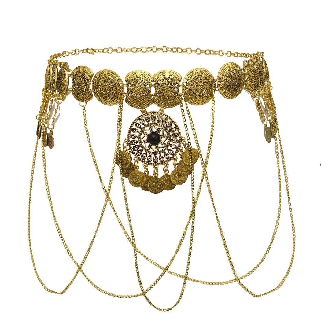 Vintage bohemio étnico hueco Circular moneda borla colgante cintura vientre cadenas cadena cruzada larga gitano Hippie joyería para el cuerpo regalo