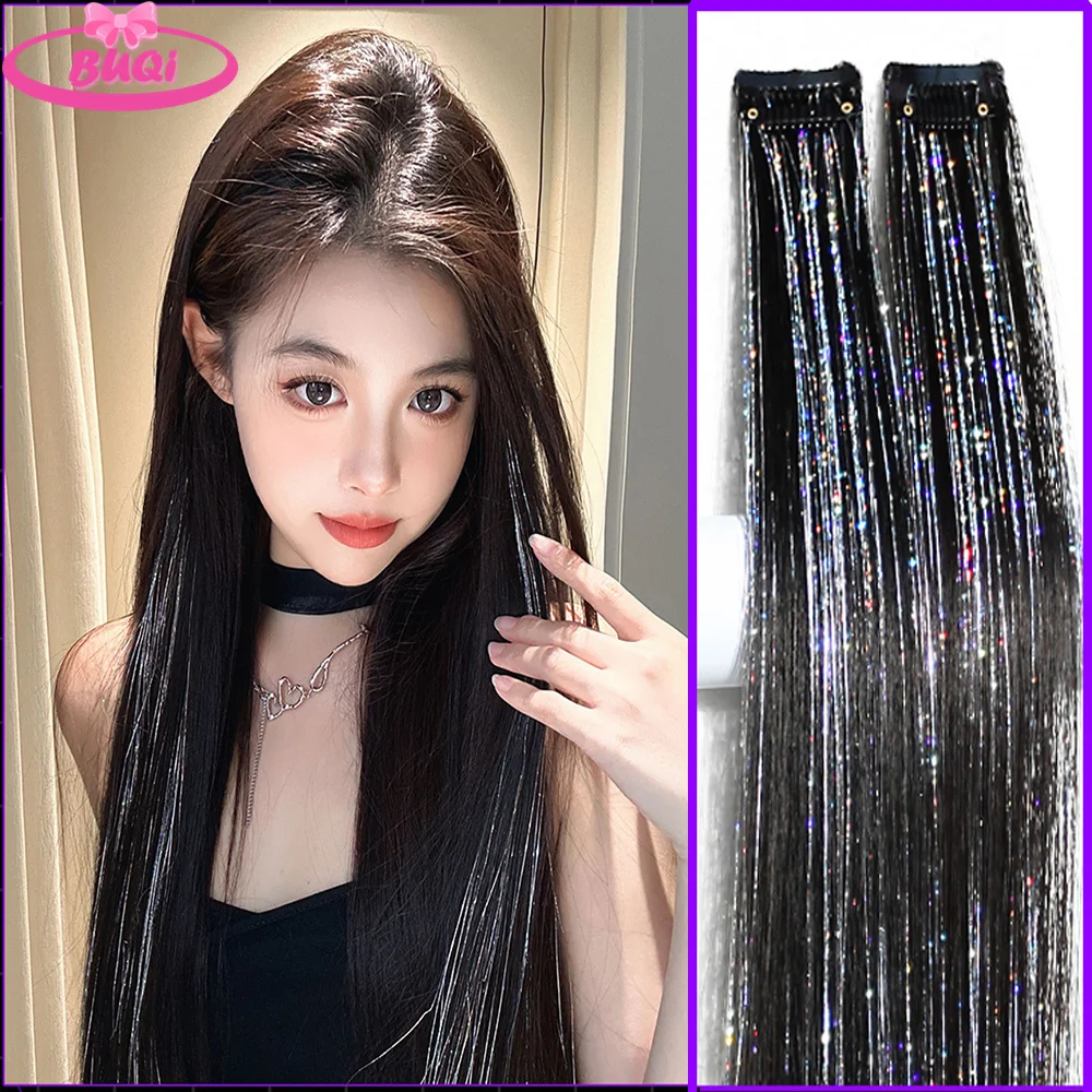 

Shiny Sparkle Hair Extension Clip In Hair Silver Tinsel Glitter Fairy Hair Tinsel Streak Synthetic Hair Invisible Hair Extension