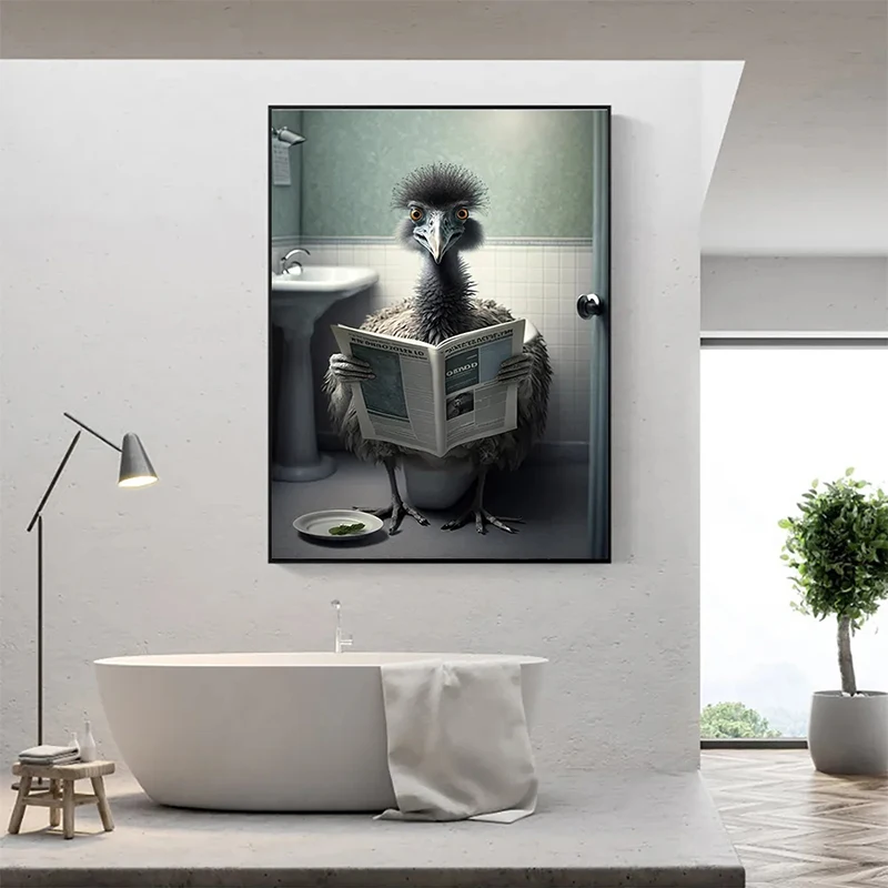 Funny Bathroom Humorous Animal Wall Decor Bear Dog Tiger Sitting on Toilet Reading Newspaper Poster Art Print Canvas Painting