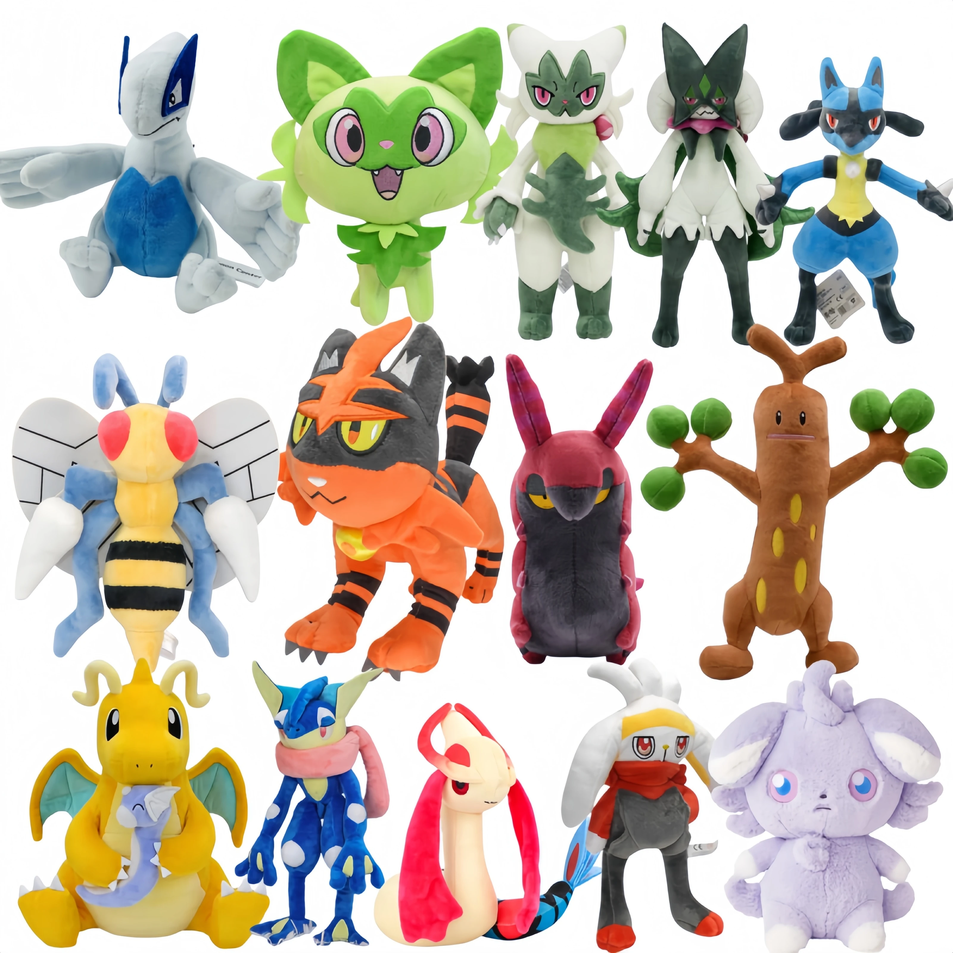 Pelúcia Pikachu Pokémon, Beedrill, Sprigatito, Meowscarada, Lucario, Greninja, Lugia, Milotic, Sudowoodo, Mega Dragonite, Espurr