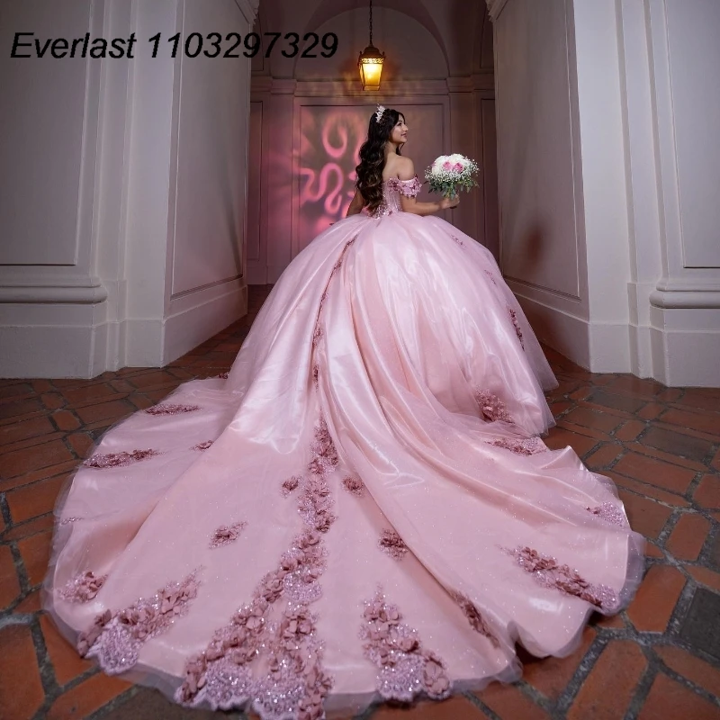 EVLAST Customized Shiny Pink Quinceanera Dress Ball Gown Floral Lace Applique Beading Sweet 16 Vestidos De 15 Anos TQD893