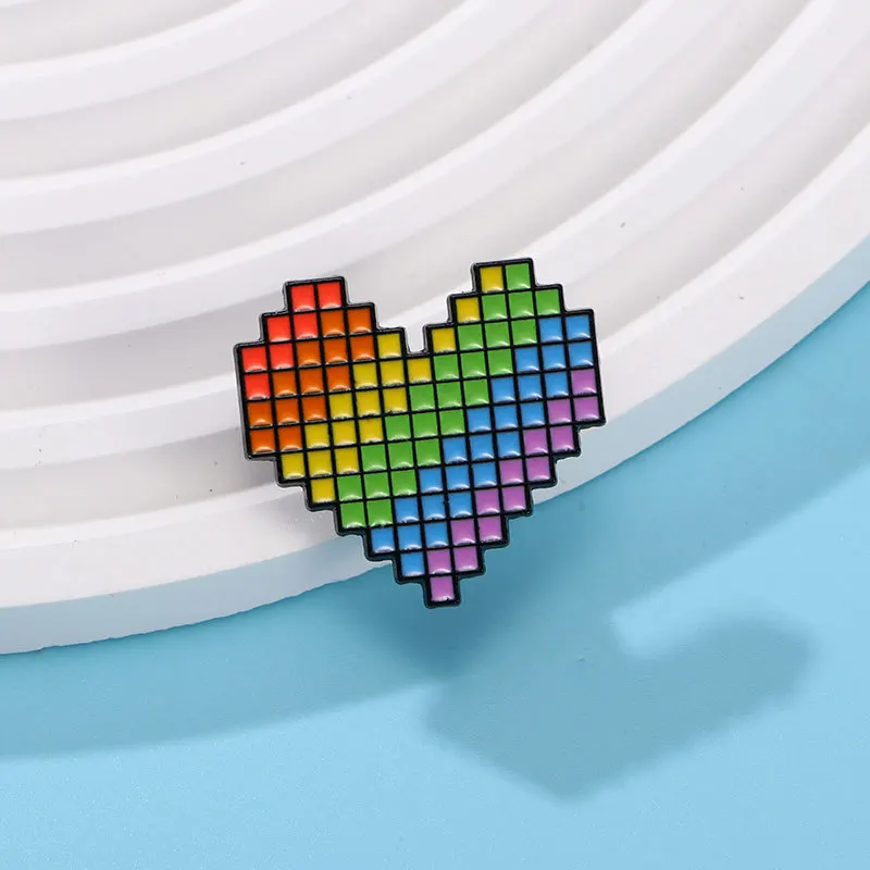 Colorful Pixelated Heart Cartoon Badge Clothing Accessories Decorative Multicolor Hearts alloy Enamel Small check Brooch Women