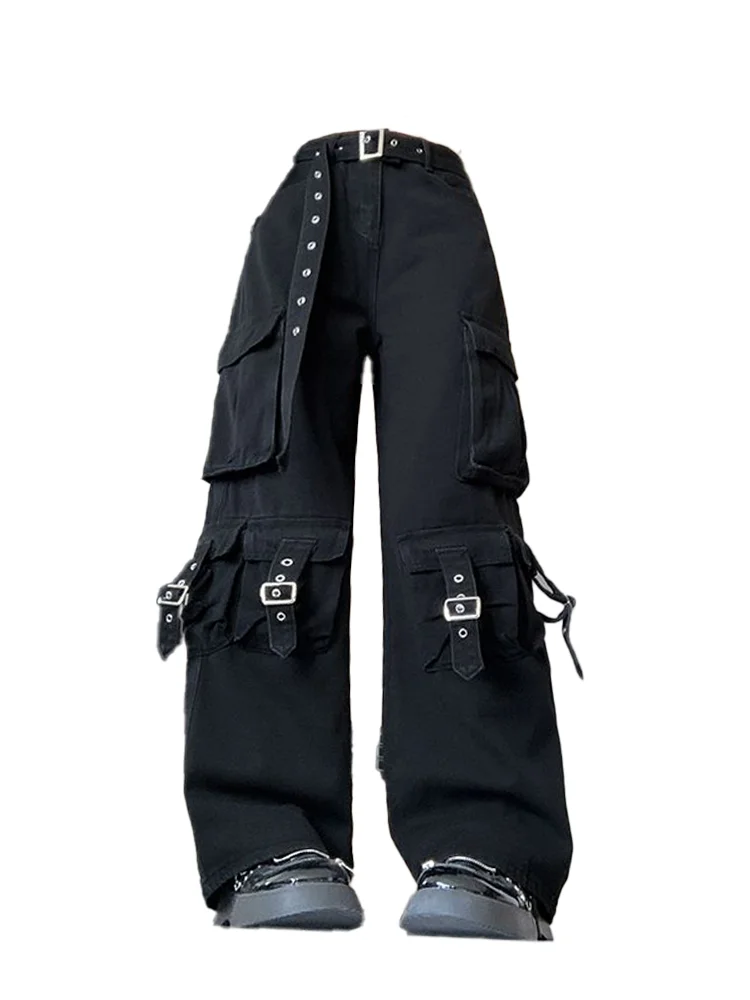 Women's Black Gothic Jeans Y2K Cargo Japanese Harajuku Streetwear Aesthetic 2000S Fashion High Waist Jeans Trouser Clothing 2025