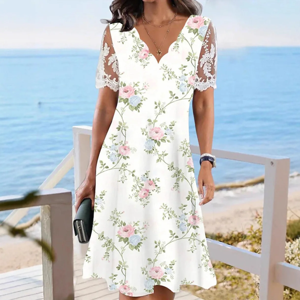 Vestido estampado Floral de encaje de manga corta con cuello en V Vestidos Midi informales una línea Slim Fit empalmado Vestidos playa verano 2025