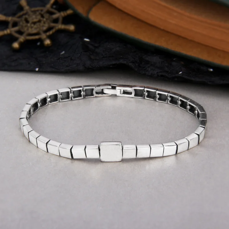 S925 Sterling Silver Charm Bracelets Fashion Smooth Round Square Rhombus Lattice Splicing Argentum Jewelry for Women Lover