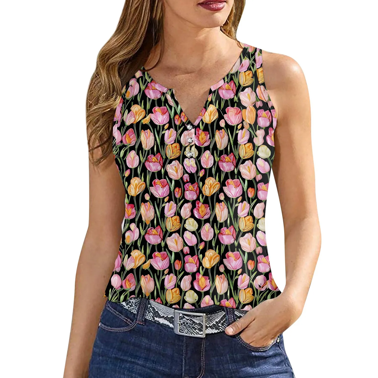 เสื้อกล้ามลำลองมีกระดุมคอวีสำหรับผู้หญิงเสื้อกล้ามธรรมดาพิมพ์ลายดอกไม้สวมใส่สบายฤดูร้อนเสื้อเด็กแขนกุดใส่ได้ทุกวันเข้ากับทุกชุด