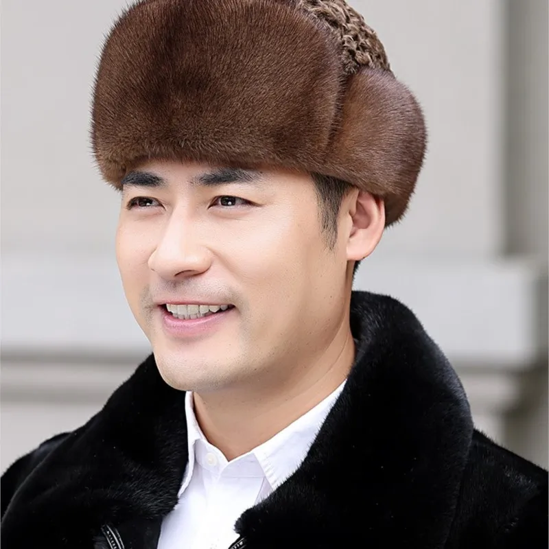 

Leather men's old real fur thickened winterproof wool hat