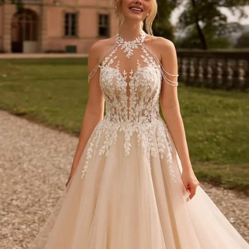 فساتين زفاف دانتيل عاجية مزينة بالدانتيل من فساتين الزفاف بدون أكتاف على شكل حرف A مصنوعة حسب الطلب #1