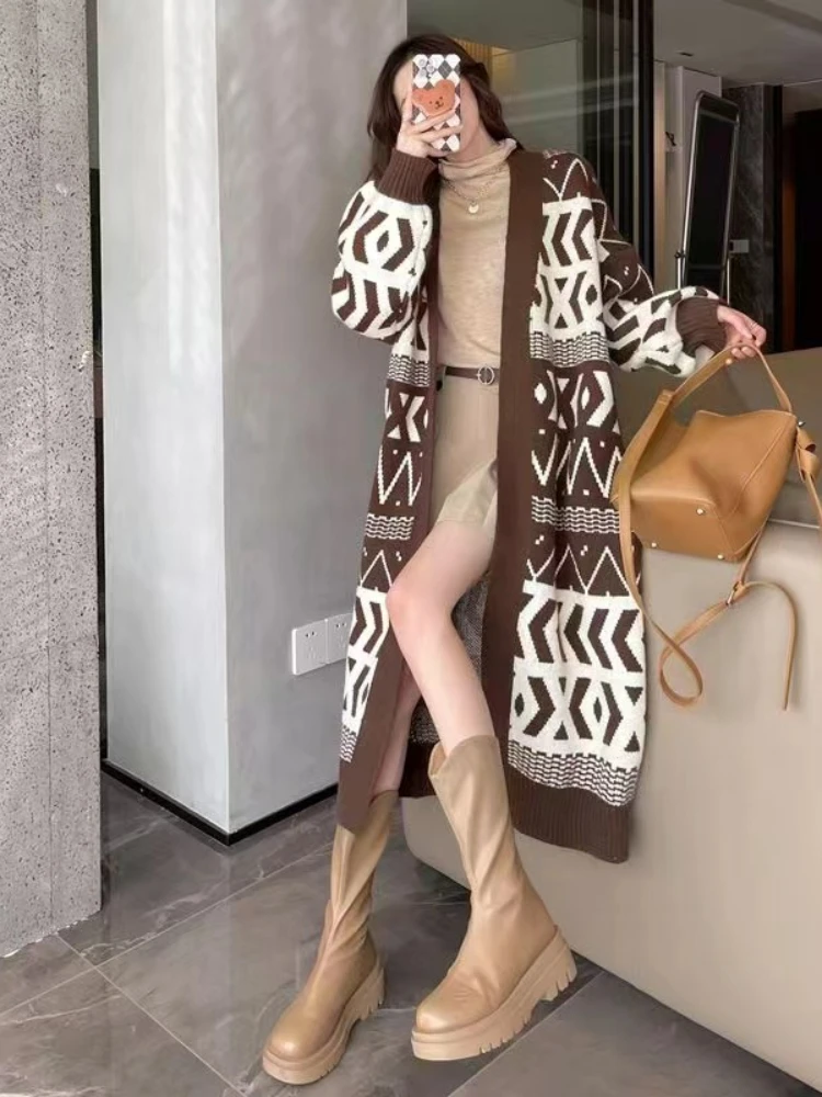 

Свитер, пальто, осенне-зимние топы, новинка, винтажный Свободный вязаный кардиган для отдыха с V-образным вырезом, Модный Свитер оверсайз, дл...