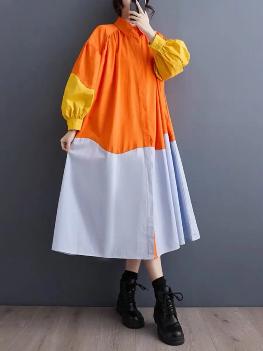 Новинка весны 2024, элегантные лоскутные свободные рубашки, длинные платья, женское модное платье с рукавами-фонариками, оптовая продажа J729 Новинка весны 2024, элегантные лоскутные свободные рубашки, длинные платья, женское модное платье с рукавами-фонариками, оптовая продажа J729