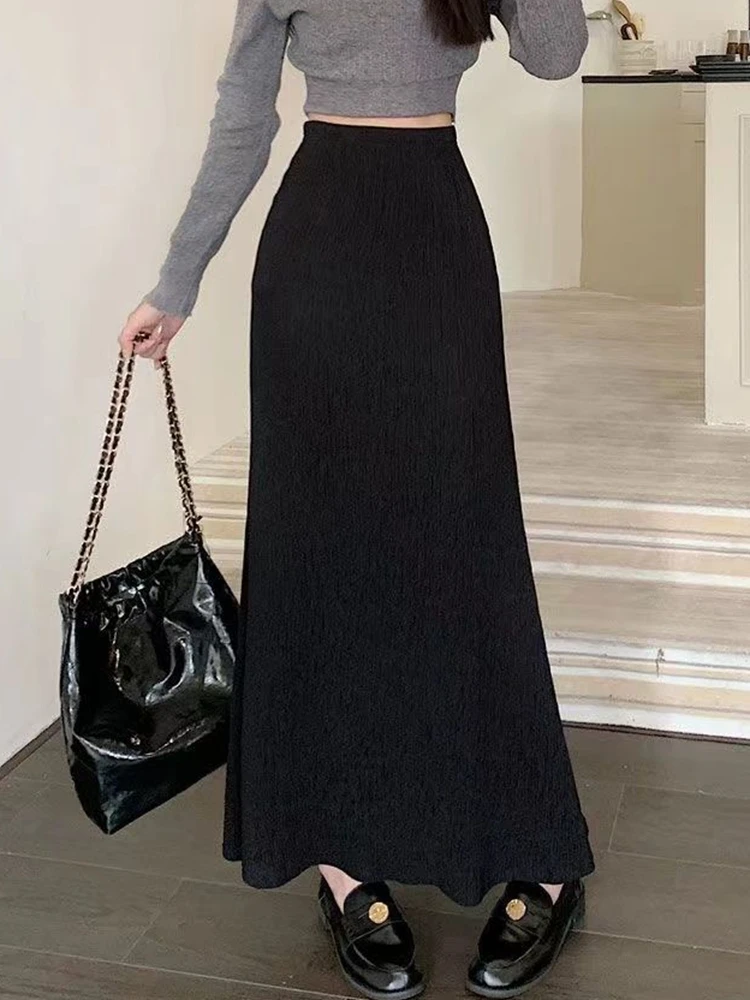 Autumn Winter Long Black Skirts Women Elegant Fashion Korean Y2k Clothes Faldas Largas Elastic Waist Vintage Mid Length Skirt