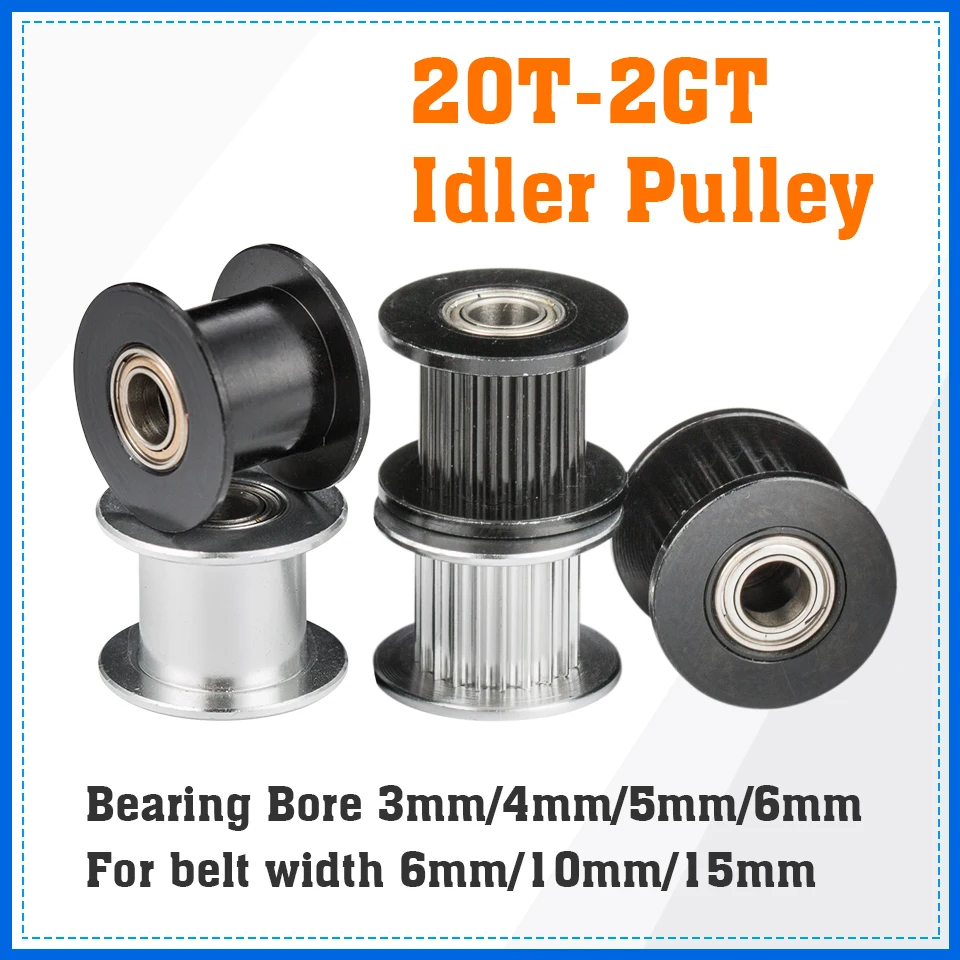 

5pcs 2GT 20 Teeth Synchronou Idler Pulley Bore 3/4/5/6mm Black with Bearing for GT2 Belt Width 6/10/15MM 20teeth 20T Wheel