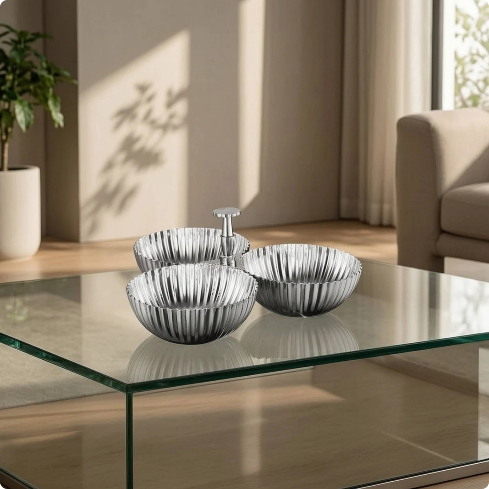 Snack Bowl with Handle Fluted Three-Section Bowl 3 Section Serving Tray Rust-Resistant Dish Sectioned for Hosts, Party