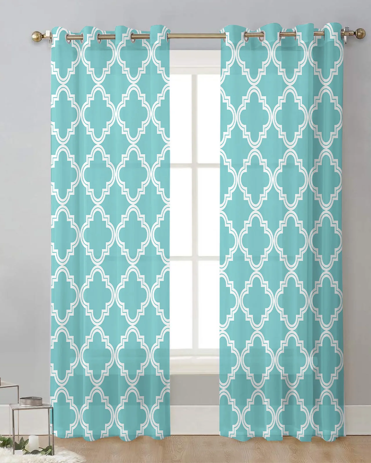 Cyan Moroccan Pattern Bedroom Sheer Window Curtains Living Room Tulle Curtains Voile Drapes for Hotel Kitchen